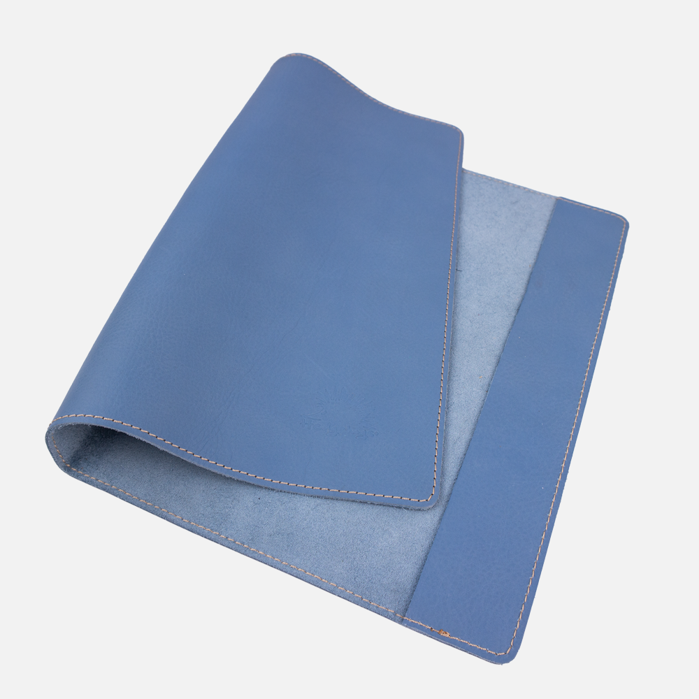 Internal view of the Hedgehogs ladies A4 notebook cover in baby blue full grain leather