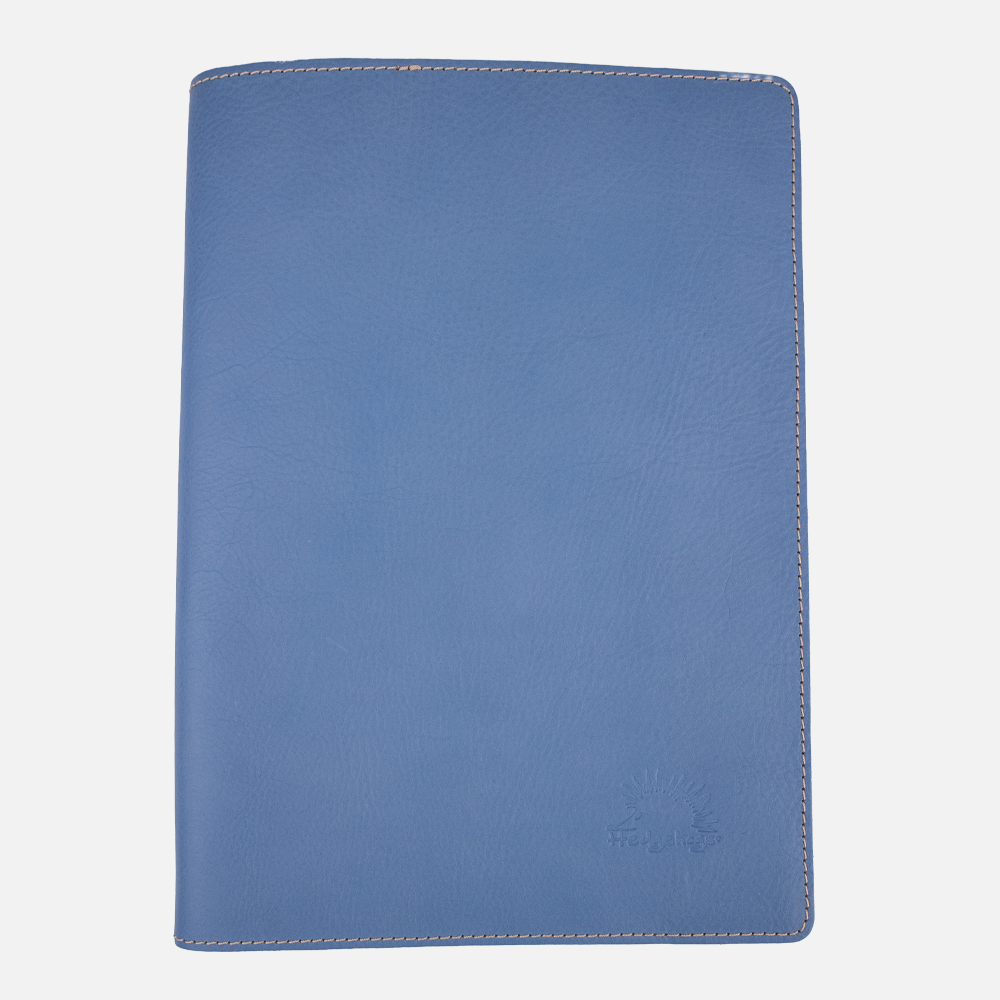 View of the Hedgehogs A4 notebook cover in baby blue full grain leather