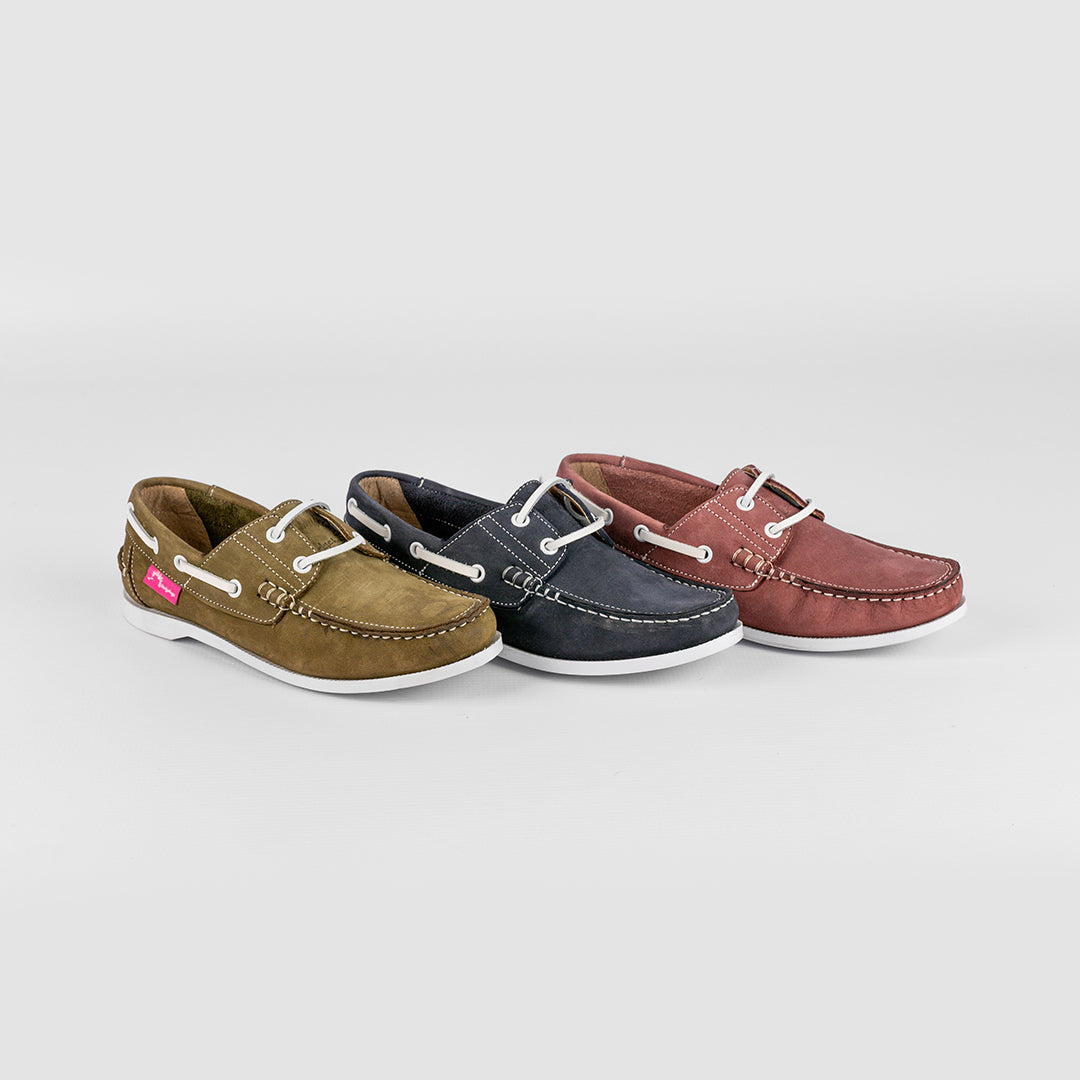 Image showing the side profile of the three colour ways for the Hedgehogs Bianca Boat Shoe.