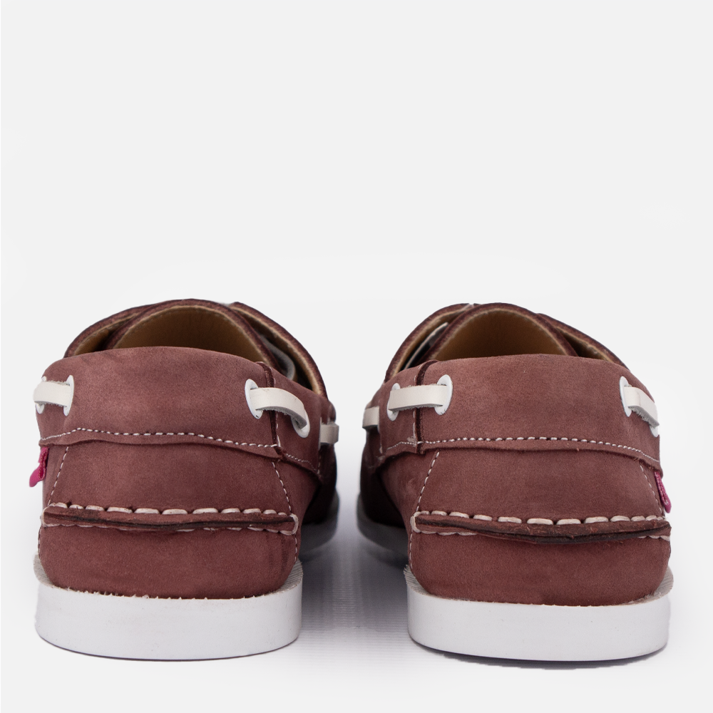 Rear profile of a pair of Hedgehogs Bianca ladies boat shoe showing the stitch and heel detail.