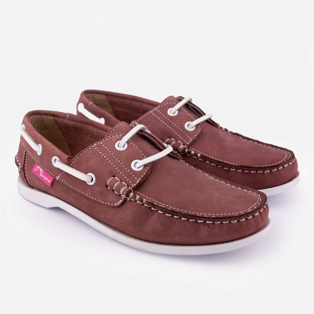 Pair of Hedgehogs Bianca ladies Boat Shoe in burgundy nubuck leather showing contrast white stitch and lace detail.