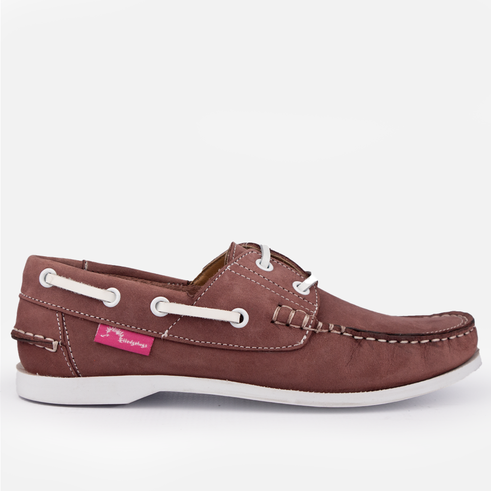 Side Profile of the Hedgehogs Bianca ladies boat shoe in burgundy nubuck leather showing contrast stitch and lace detail.