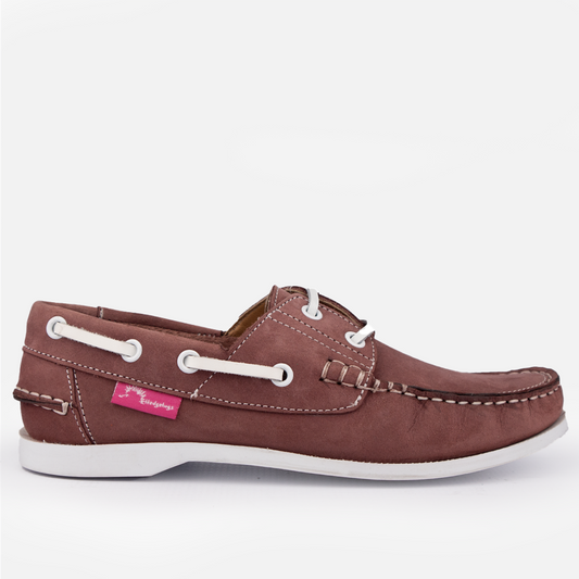 Side Profile of the Hedgehogs Bianca ladies boat shoe in burgundy nubuck leather showing contrast stitch and lace detail.