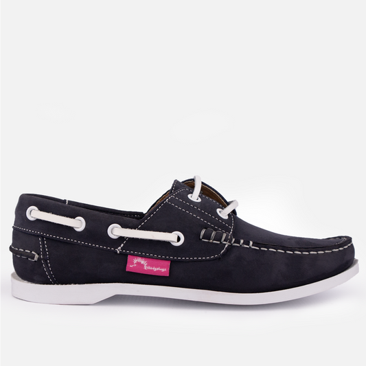 Side profile of the Hedgehogs Bianca ladies boat shoe in Navy Nubuck.