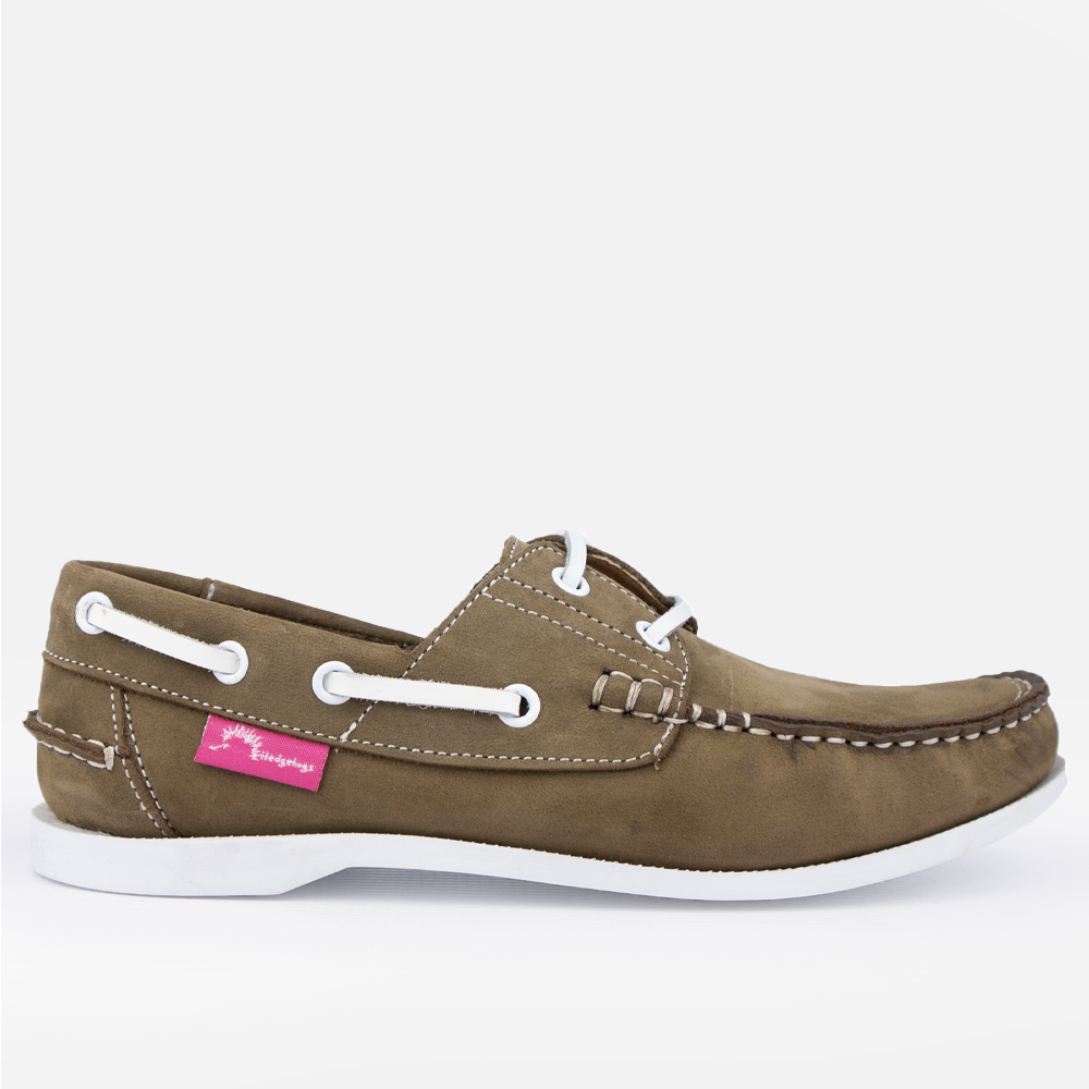 Side profile of the Hedgehogs Bianca ladies boat show in Olive Daytona Nubuck leather