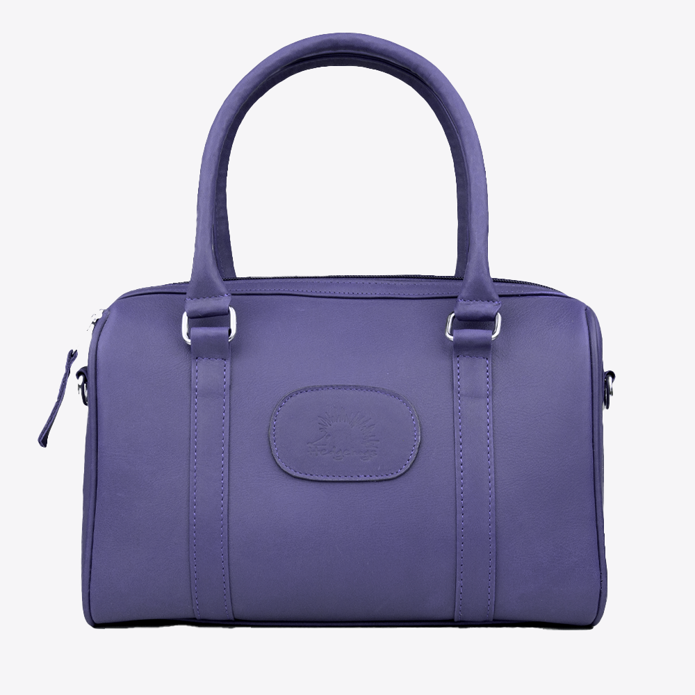 Front view of the Hedgehogs Leather Bowler Bag in Indigo, a classic women's structured handbag.