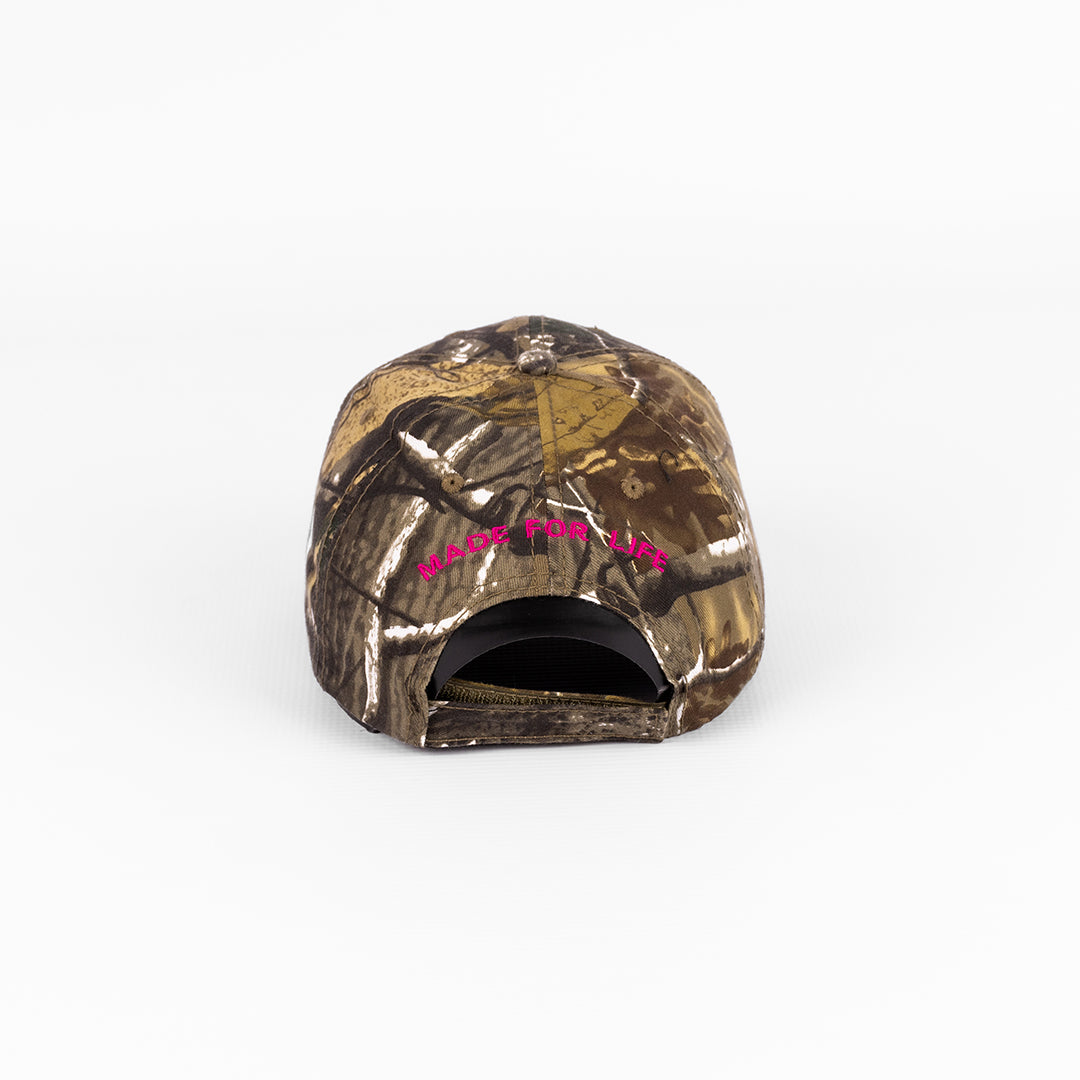 Rear view of the Camouflage Cotton Twill Cap, showing the adjustable strap closure and contrast cerise pink back embroidery.