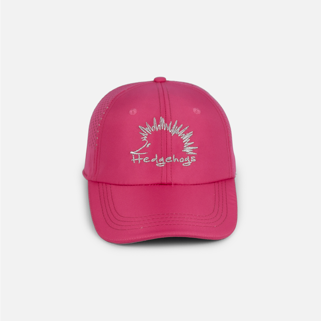 Front view of the Hedgehogs Cerise Pink Sports Cap featuring silver logo embroidery.