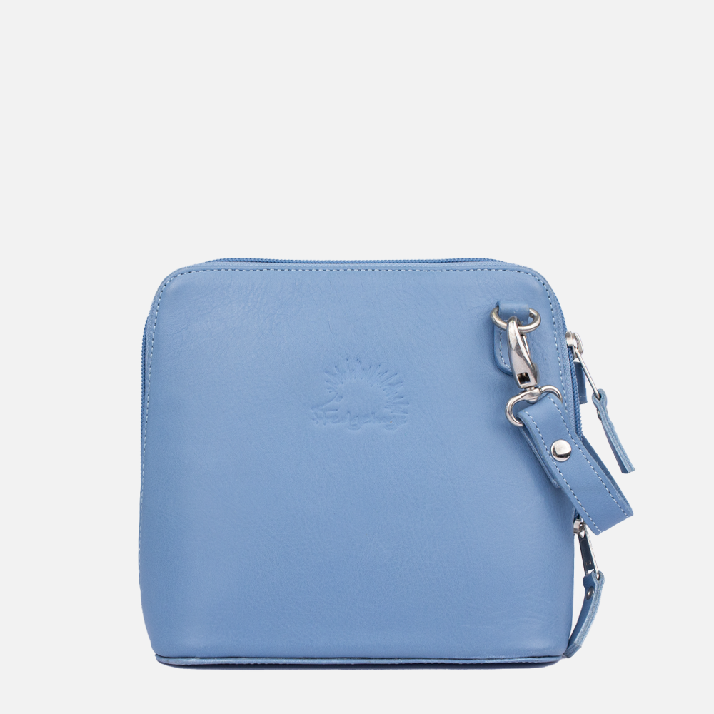 Main image of the Hedgehogs baby blue clutch bag with a brand emblem embossed on the front and a detachable strap.