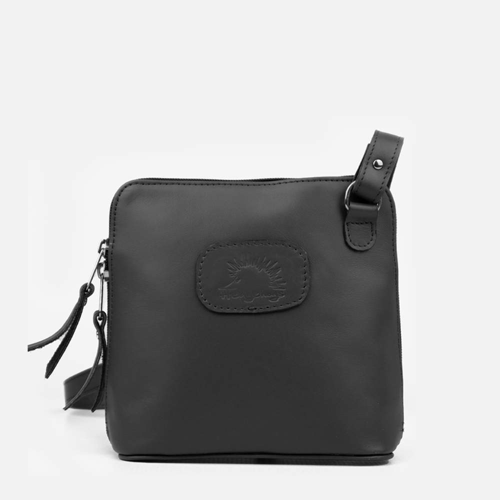 Main view of the Hedghehogs black leather cloth bag showing the front of the bag featuring the brand embossing