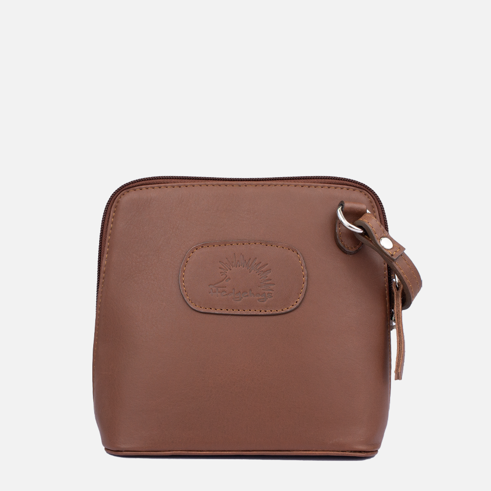A brown leather Hedgehogs ladies clutch bag showing  leather strap, branded embossing on the front and zip closure.