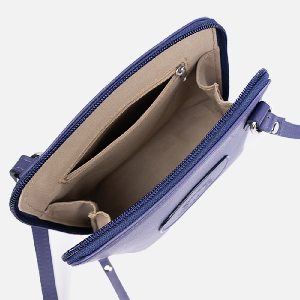 Internal view of the Hedgehogs clutch bag in Indigo leather showing the inner lining, internal pocket and zip closure. 