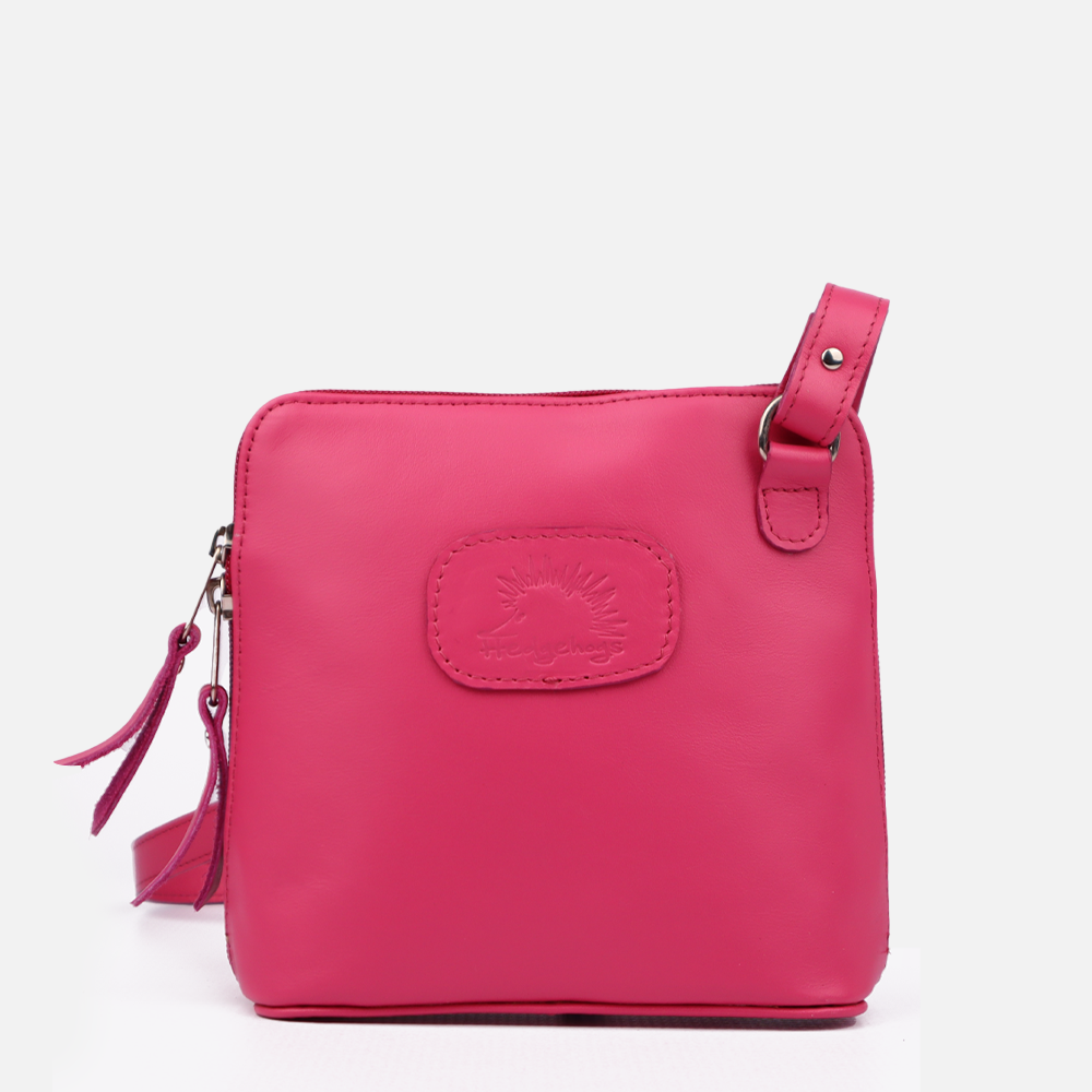 Main image of the Hedgehogs clutch bag in cerise pink leather showing the brand embossing on the front of the bag.