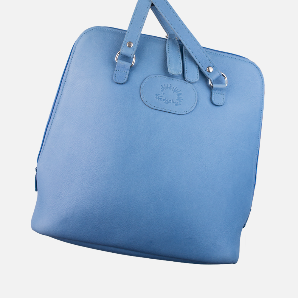 View of the Hedgehogs ladies convertible backpack in baby blue full grain leather