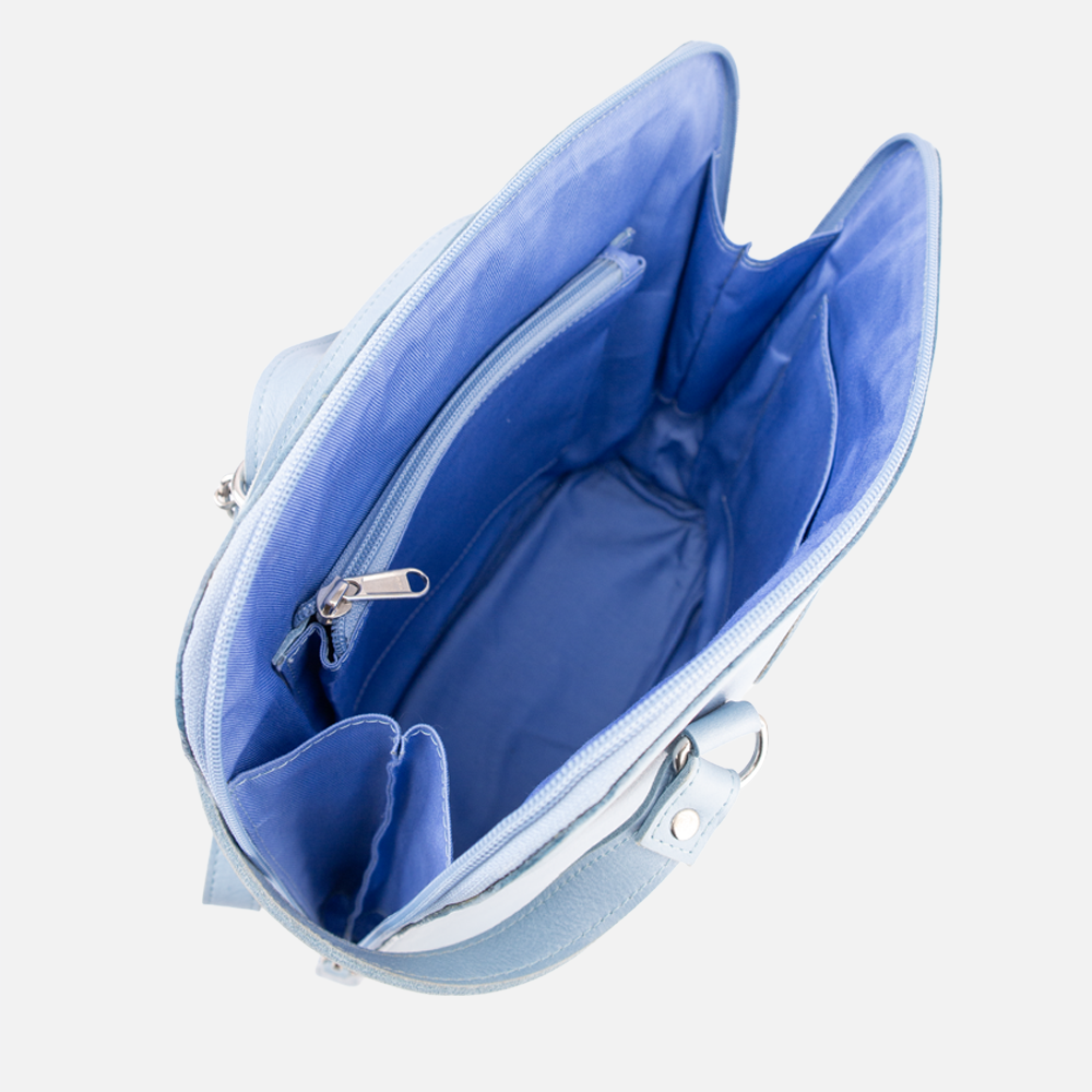 Internal view of the Hedgehogs ladies convertible backpack showing the inner compartments and side pocket with zip closure. 