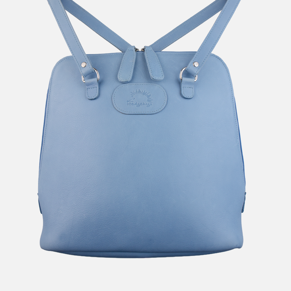 Primary view of the Hedgehogs ladies convertible back pack in pastel baby blue colour leather.