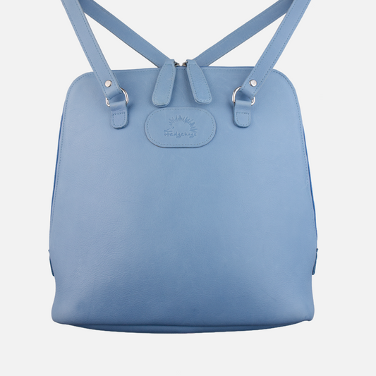 Primary view of the Hedgehogs ladies convertible back pack in pastel baby blue colour leather.