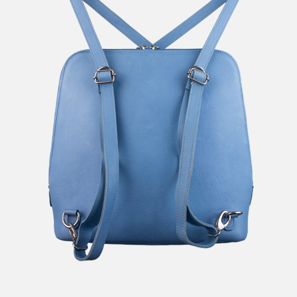 Rear view of the Hedgehogs ladies convertible backpack in baby blue full grain leather, showing the adjustable and removable strap detail. 
