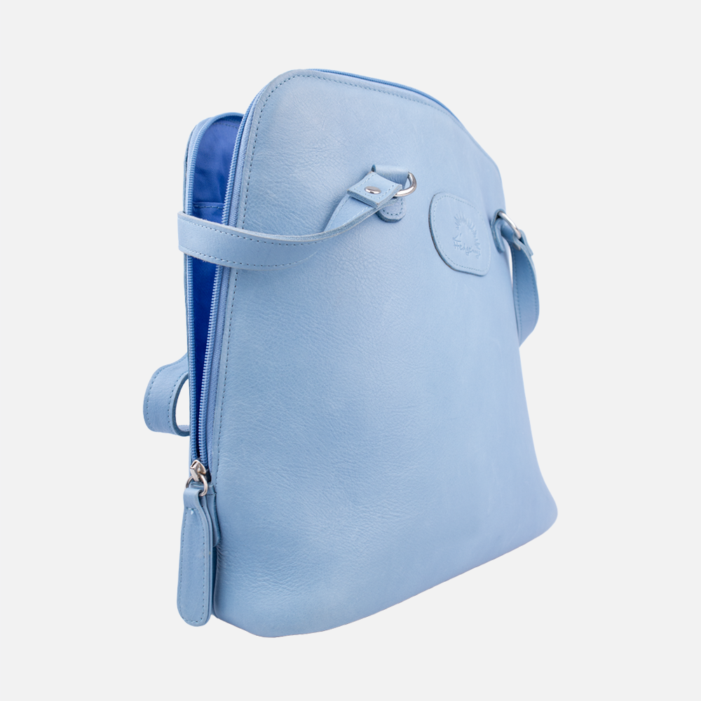 Side view of the Hedgehogs ladies convertible back pack in pastel blue full grain leather, showing zipper detail.
