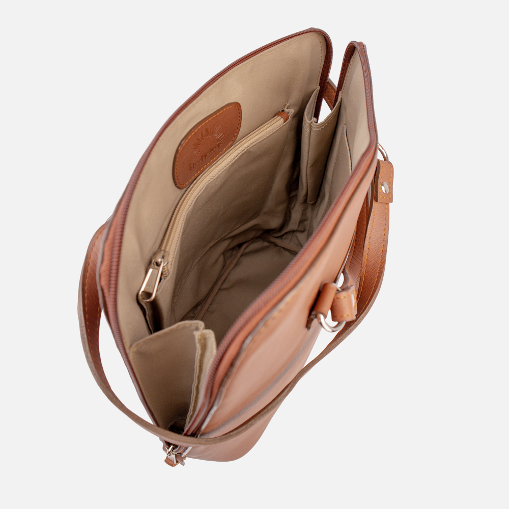 Internal view of the Hedgehogs ladies convertible backpack in chocolate brown leather, showing internal compartments and inner pocket with zip closure. 