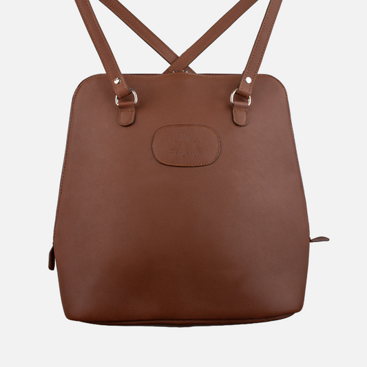 Primary view of the Hedgehogs ladies convertible backpack in chocolate brown leather. 