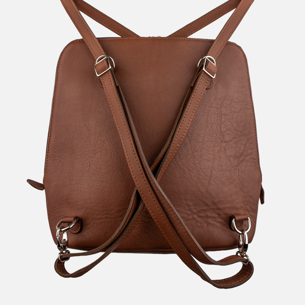 Rear view of the Hedgehogs ladies convertible backpack in chocolate brown leather, showing back positioning of the removable and adjustable straps.