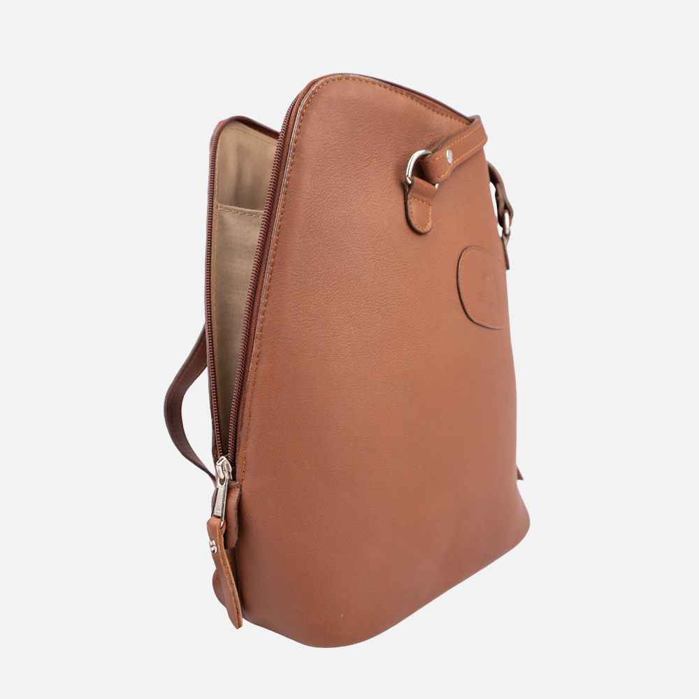 Side view of the Hedgehogs ladies convertible backpack in chocolate brown leather, showing side zipper detail. 