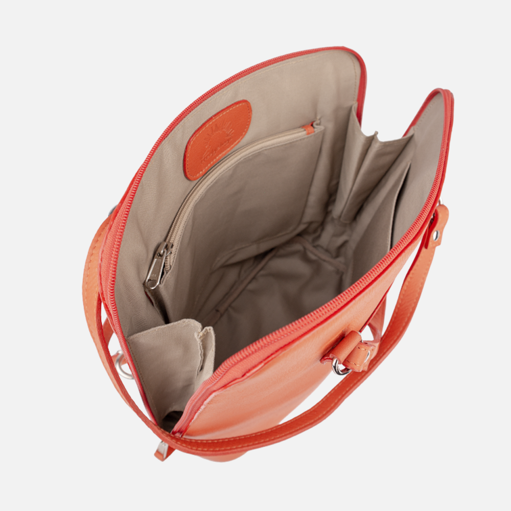 View of the inner compartment of the Hedgehogs ladies convertible backpack, showing internal pockets and lining. 