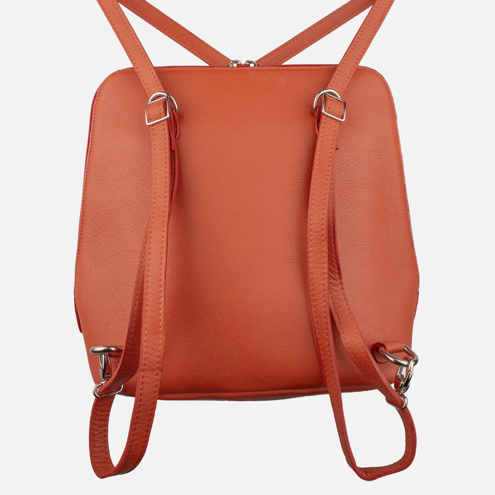 Rear vie of the Hedgehogs ladies convertible backpack in vibrant coral leather, showing removable and adjustable straps. 