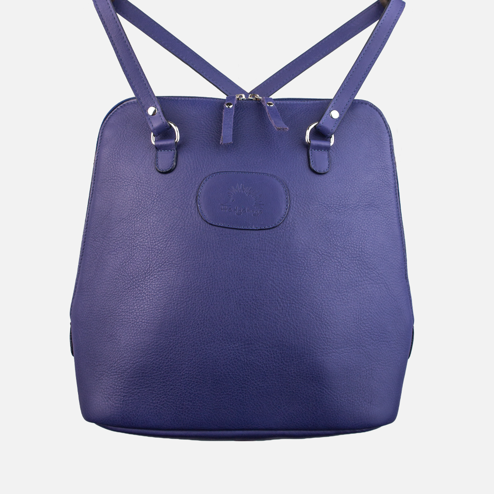 Front view of the Hedgehogs Leather Convertible Backpack in Indigo, shown in backpack form.
