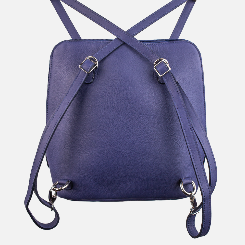 View of the Hedgehogs indigo leather ladies convertible backpack, showing the crossover strap detail. 