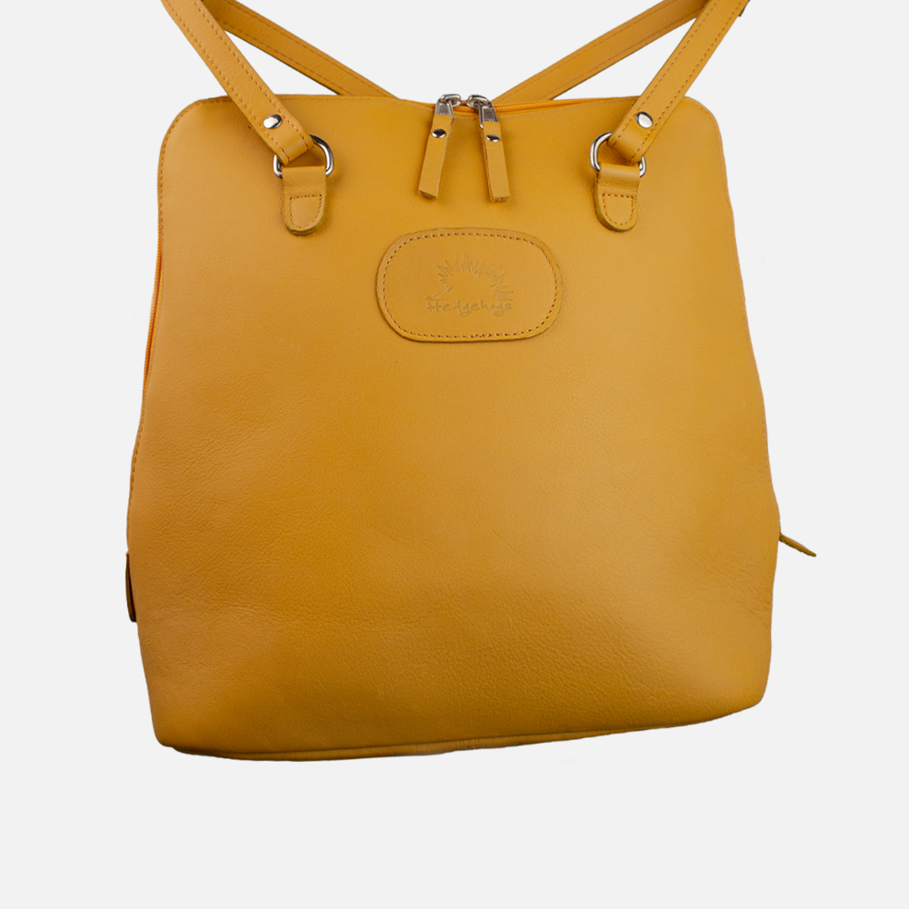 Primary view of the Hedgehogs ladies convertible backpack inn Ochre yellow full grain leather.
