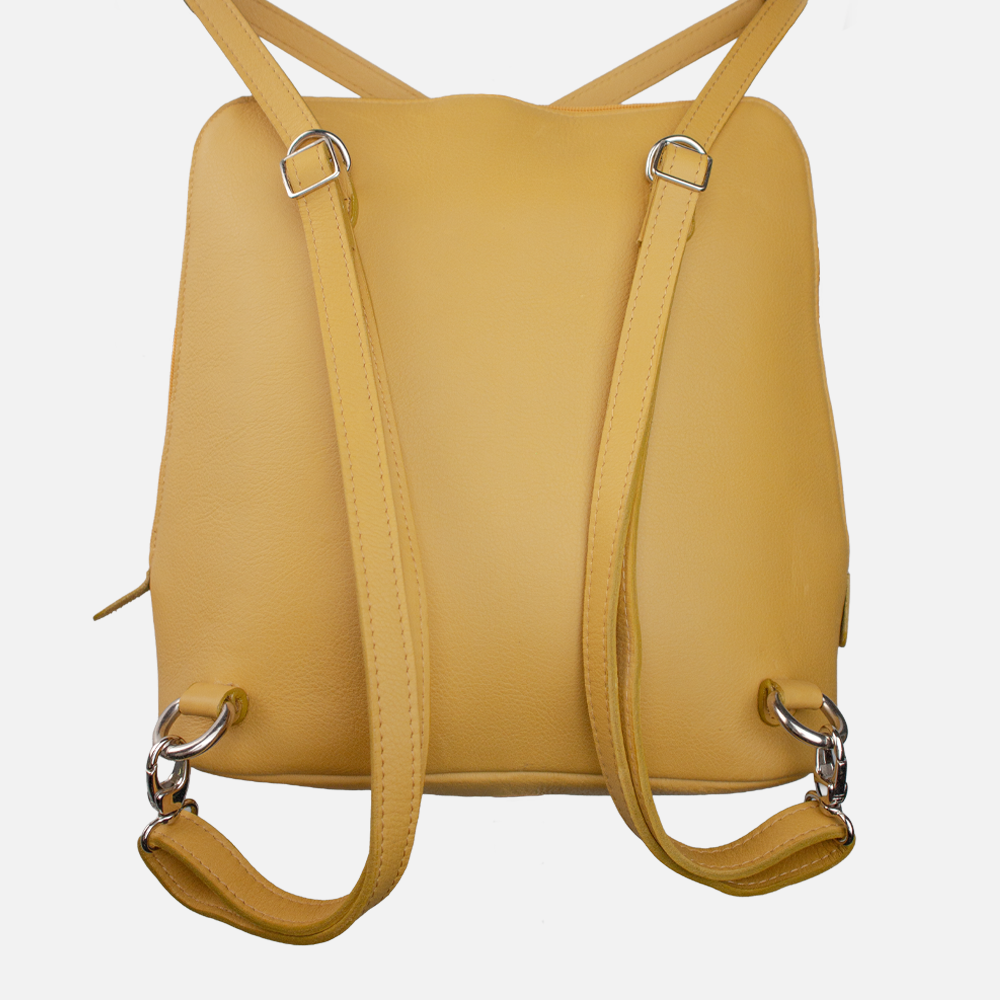 Rear view of the Hedghehogs ladies convertible backpack in ochre yellow full grain leather, showing back strap detail. 