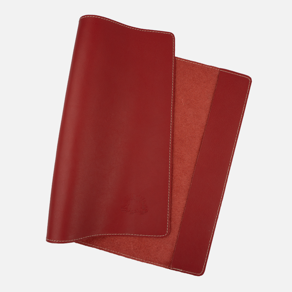 Alternate view of the Hedgehogs ladies A4 Leather notebook cover in coral. 