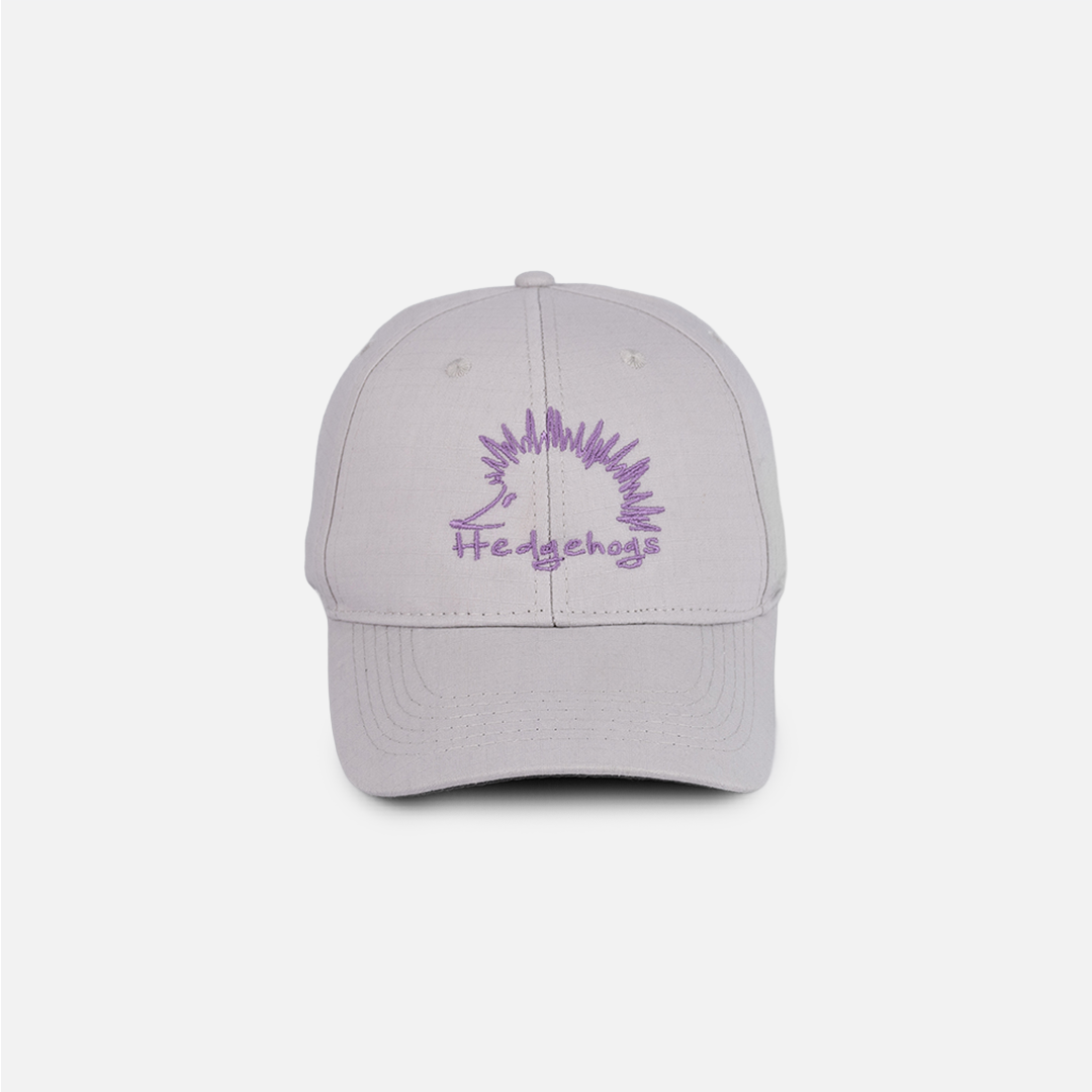 Front view of the Hedgehogs Grey Rip Stop Cap featuring subtle lilac front brand embroidery.