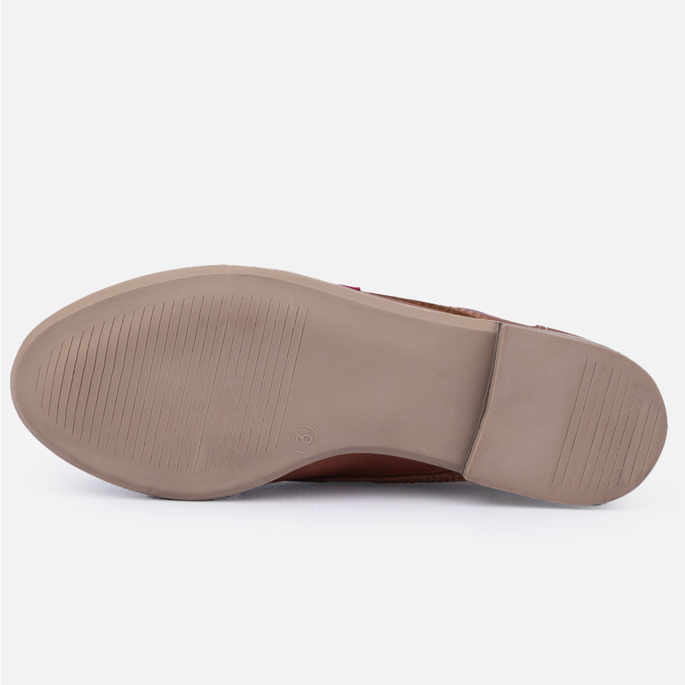 Sole view of the Hedgehogs Hayley flat pump in cognac leather.