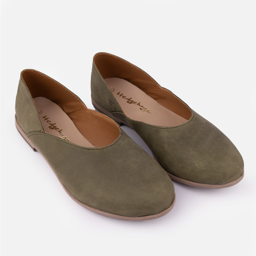 Pair of the Hedgehogs Hayley flat pump-style show in olive nubuck.