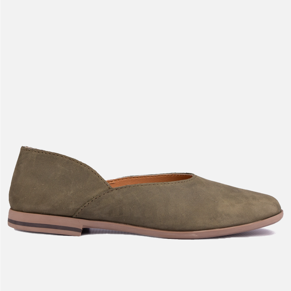 Side profile of the Hedgehogs Hayley Shoe in earthy Olive nubuck leather, a women's versatile flat leather pump.