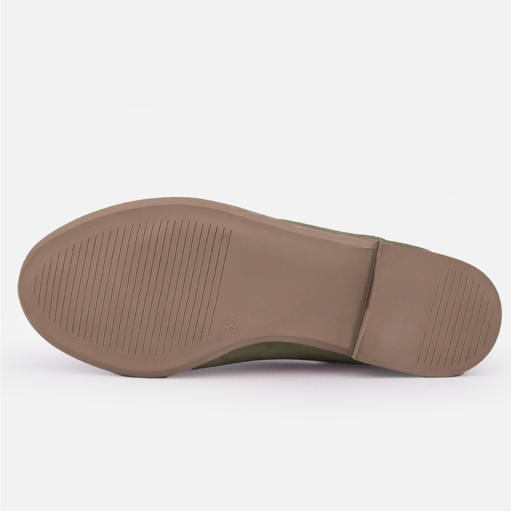 Sole view of the Hedgehogs Hayley flay pump in olive nubuck