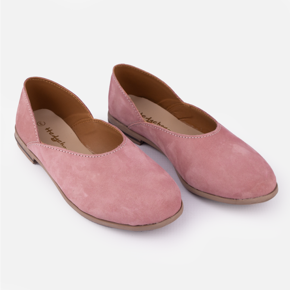 Pair of the Hedgehogs Hayley ladies flat pump shoe in pink nubuck.