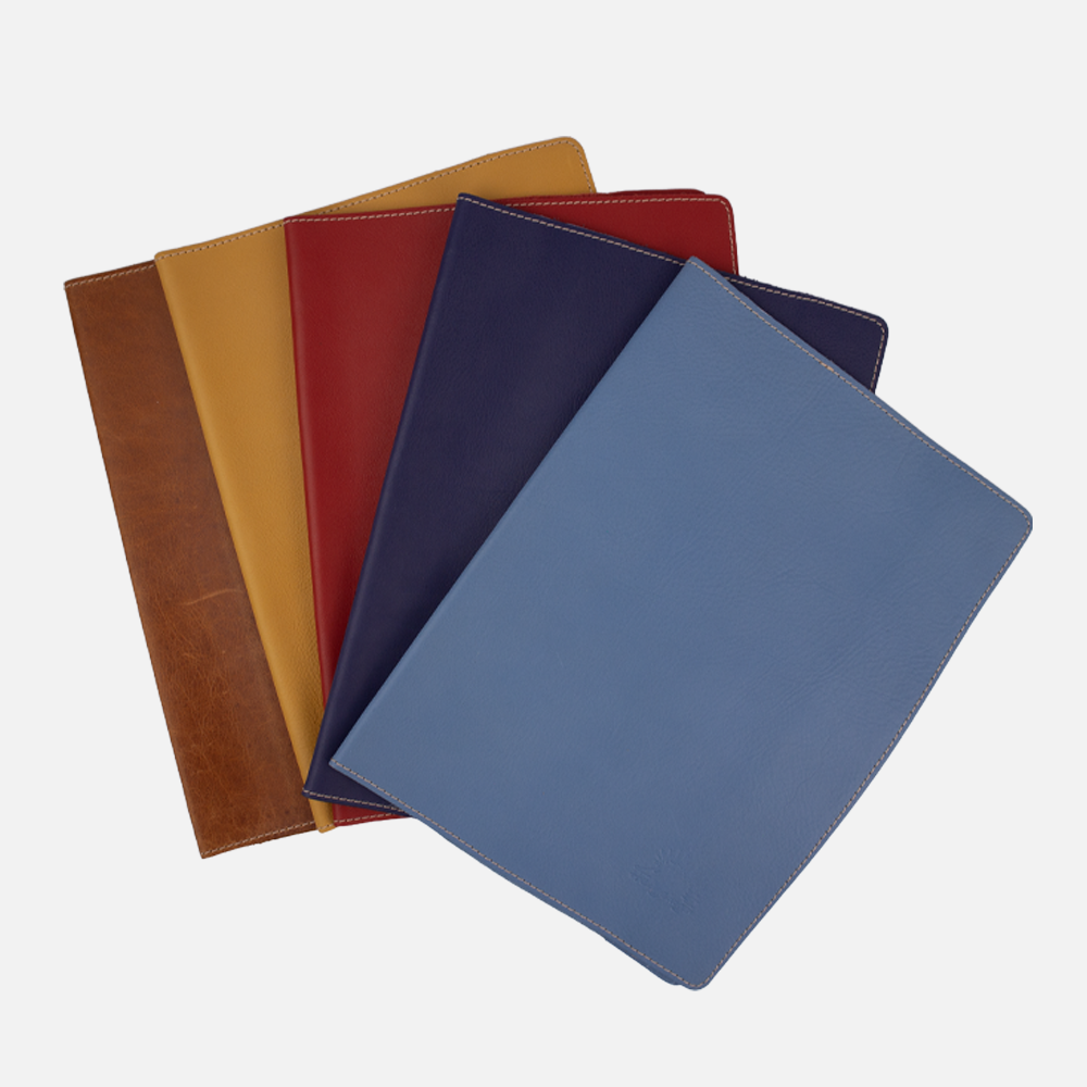 Collective view of the Hedgehogs full grain leather A4 notebook covers showing all available colours.