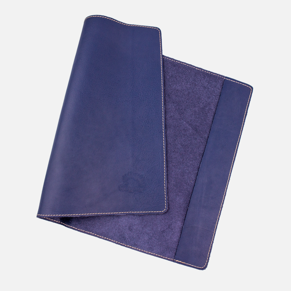 Internal view of the Hedgehogs ladies A4 full grain leather notebook cover in indigo leather. 