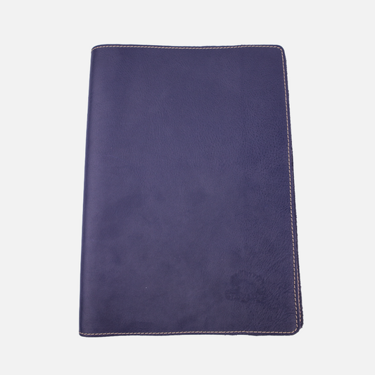 Primary view of the Hedgehogs A4 full grain leather ladies notebook cover in Indigo leather. 