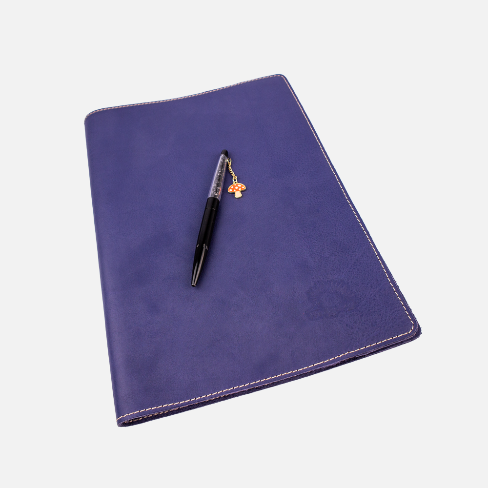 View of the Hedgehogs full grain leather. notebook cover in Indigo leather. 