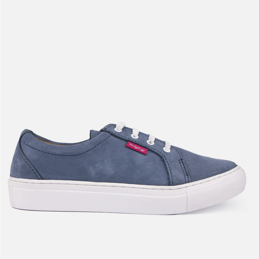 Side profile of the Hedgehogs Katrina ladies fashion sneaker in denim blue nubuck with white laces.