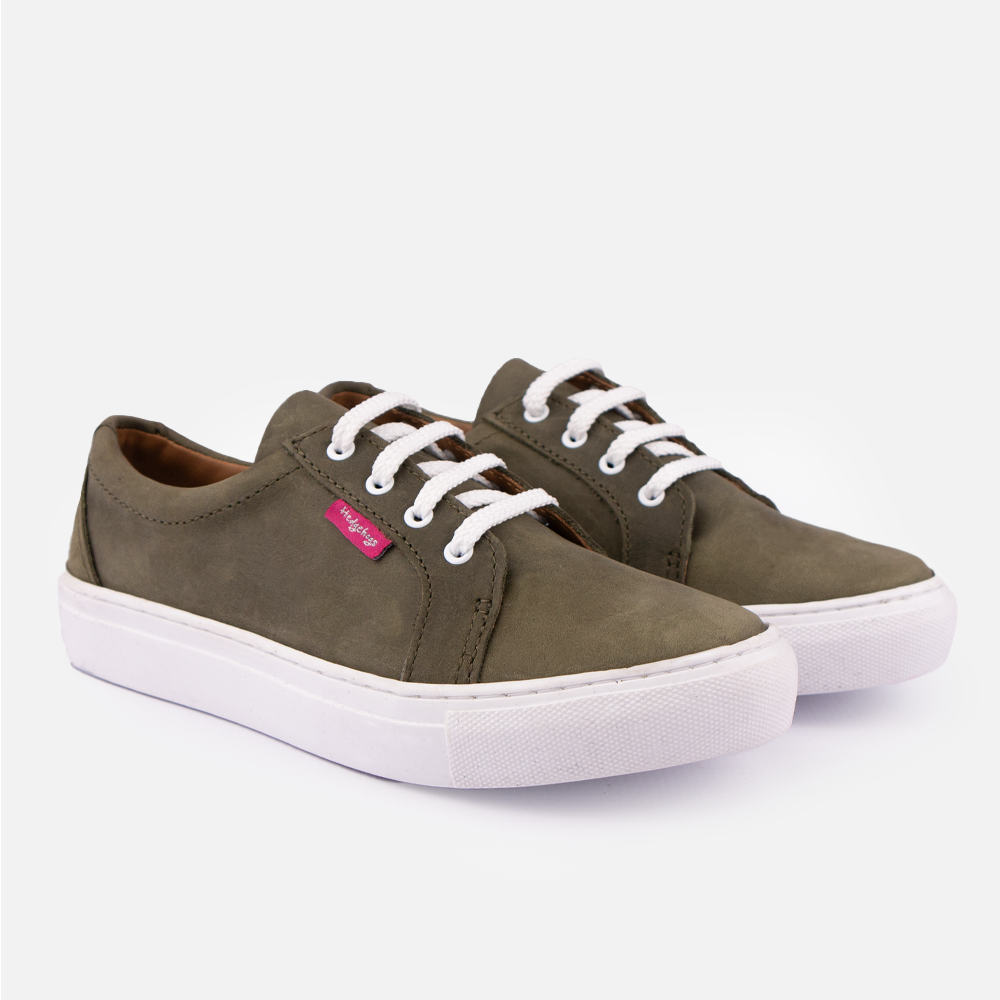 Pair of Hedgehogs Katrina ladies sneaker in Olive Nubuck, showing the front detailing and white laces.