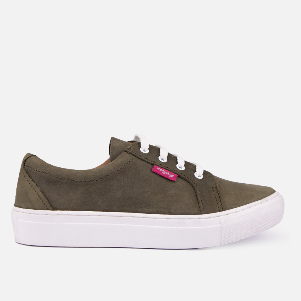 Side profile of the Hedgehogs Katrina ladies fashion sneaker in Olive Nubuck with white laces.