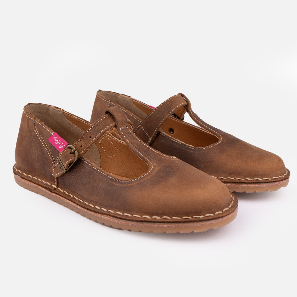 Pair of the Hedgehogs Kylie ladies t-bar style shoe with strap and brass buckle, in Santiago Dark Choc leather.