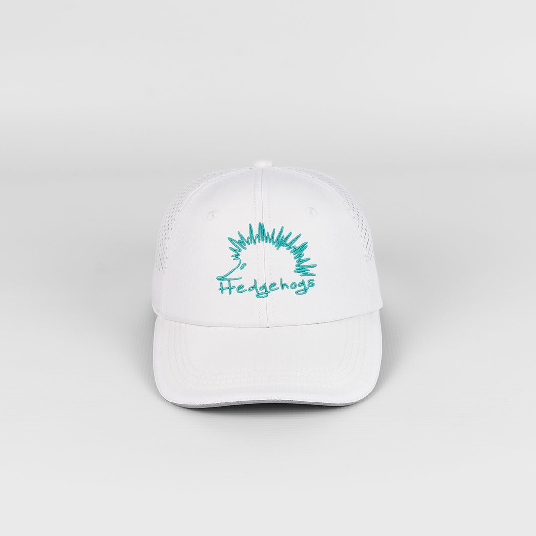 Front view of the Hedgehogs White Sports Cap featuring Turquoise thread front logo embroidery.