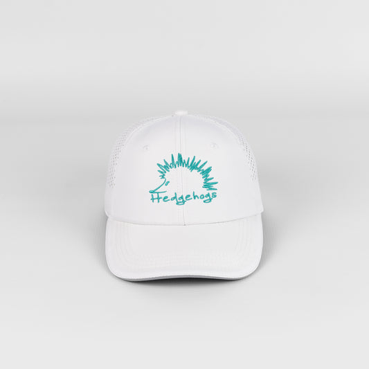Front view of the Hedgehogs White Sports Cap featuring Turquoise thread front logo embroidery.